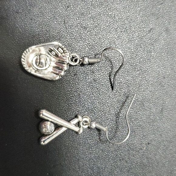 Silver tone baseball themed dangling earrings - Picture 3 of 10
